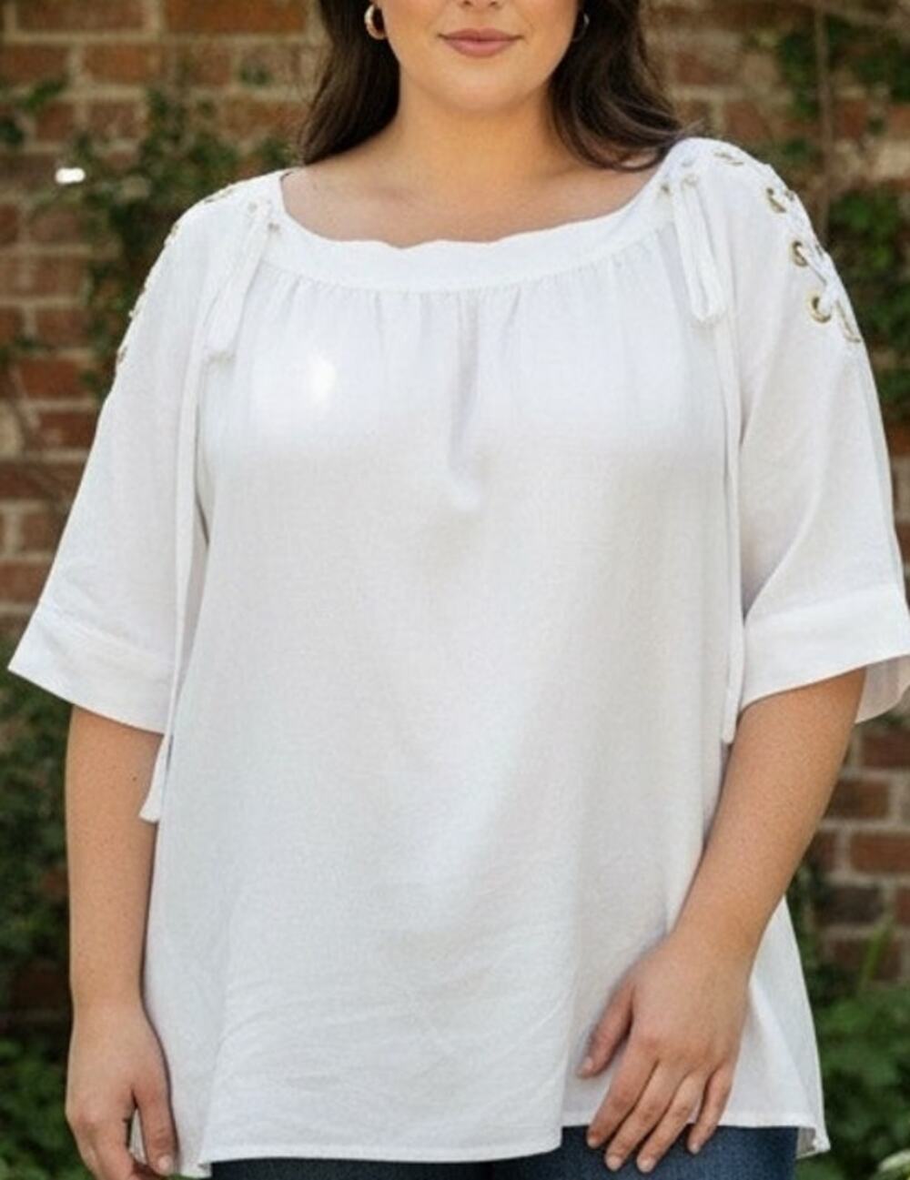 NWT Ashley Stewart lace-up sleeve linen blend blouse